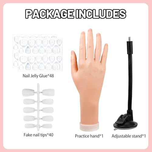 Silicon Practice Hand for Acrylic Nails, Realistic Fake Hand with Stand, 40 Nail Tips and 48 Adhesive Tabs, Reusable & Flexible Mannequin Training Model for Manicure & Nail Art Practice