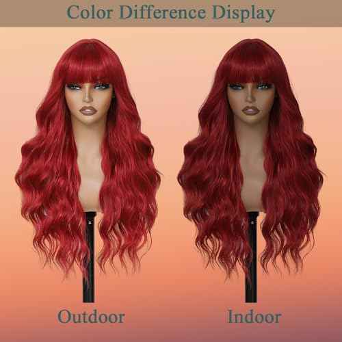 Long Red Wigs with Bangs 26Inch Wavy Curly Hair for Women Tangle Free Soft Natural Looking Premium Heat Resistant Protein Fiber Daily Party Use