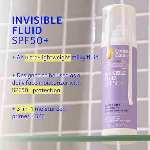 Cancer Council Invisible Fluid Face Sunscreen, SPF50+, Face Moisturizer Sun Care with Jojoba Oil, Vitamin E, Broad Spectrum UVA/UVB Sun Protection, Oily Sensitive Skin, Paraben & Fragrance Free, 50ml