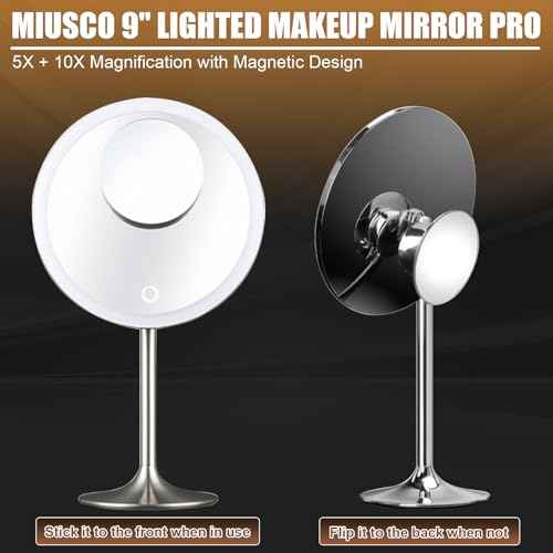 Miusco Makeup Mirror 9" Vanity Mirror with Lights, 5X & 10X Magnification - Front/Back Magnetic Design, Rechargeable & Cordless, Touch Dimming, 90¡Æ Adjustable Angle, Metal Frame, Includes USB Cable