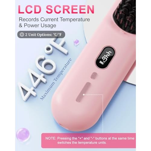 Sunwhisper Cordless Hair Straightener Brush with 200 Million Anion, Portable Cordless Straightener Comb for Travel with LCD Display (2 Clips,Pink)