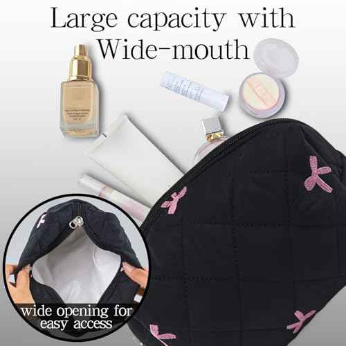 Quilted Makeup Pouch,Cotton Puffy Makeup Bag, Coquette Cosmetic Bag for Women and Girls, Aesthetic Organizer Bag, Cute Flower Travel Toiletry Bag