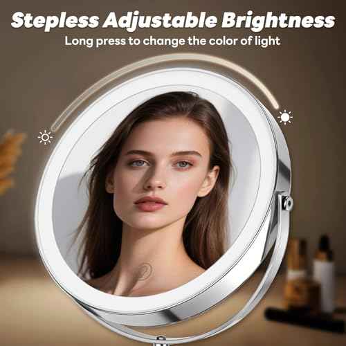 10x/1x Lighted Vanity Makeup Mirror, 2000mAh Rechargeable Height Adjustable Double Sided, Magnifying Mirror with 3 Color Light, Brightness Adjustable, 360¡Æ Rotation, Women Gift