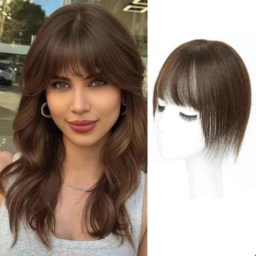 Hair Toppers for Women Real Human Hair, 360¡Æ 3D Toppers Hair Pieces for Women with Thinning Hair 12 Inch Wispy Bangs Realistic Biological Scalp Wiglets (Medium Brown, 7 * 11 Wispy Bangs)