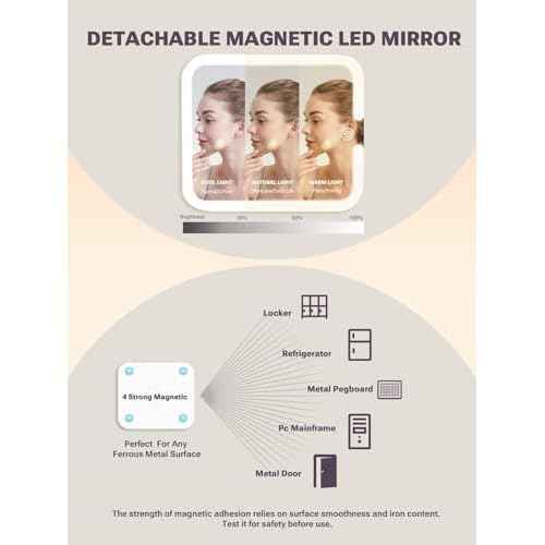 Qislee Makeup Box with A Detachable Lighted Mirror, Waterproof Travel Train Case, Cosmetic Organizer and Makeup Suitcase with Adjustable Dividers, Magnetic LED Mirror(Rose Gold)