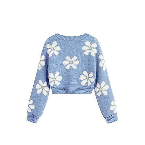 SHENHE Girl's Floral Print V Neck Long Sleeve Knitted Cropped Sweater Jumper Tops