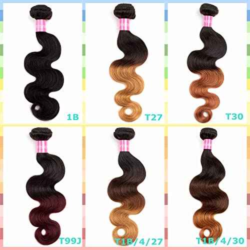Ombre Brazilian Virgin Hair Body Wave Human Hair Bundles 12+14+16 inch 3 Bundles 100% Virgin Hair Bundles 2 Tone Black to Burgundy Human Hair Weave(12 14 16, T99J#)