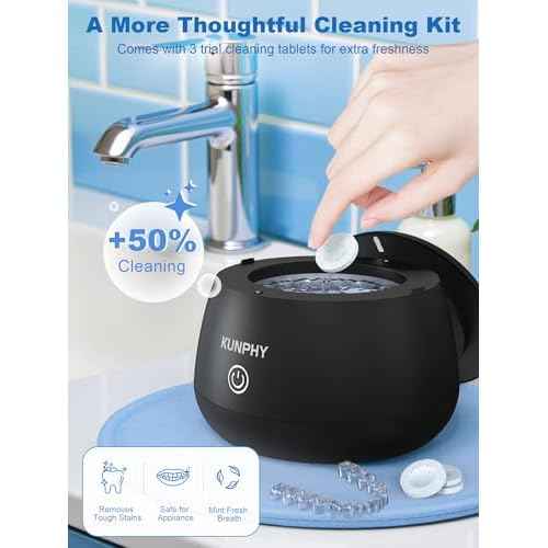 KUNPHY Dental Cleaner | Ultrasonic Retainer Cleaner Machine | 48kHz Dental Cleaning Pod | Aligner, Nightguard, Mouth Guard, Denture | Oral Dental Care | UV Cleaner with Retainer Tablets | Black