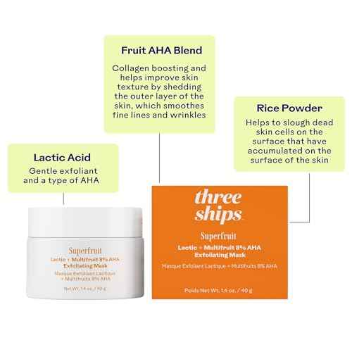 Three Ships - Superfruit Lactic + Multifruit 8% AHA Exfoliating Mask | Polish, Renew, Smooth Skin | Cruelty-Free, Vegan, Paraben-Free, Sensitive Skin Safe (1.4 oz | 40 g)