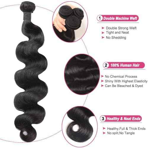 CHEEON Body Wave Bundles Human Hair 18 20 22 Inch Human Hair Bundles 12A Grade Unprocessed Brazilian Virgin Hair Extensions 3 Bundles Deal Natural Black