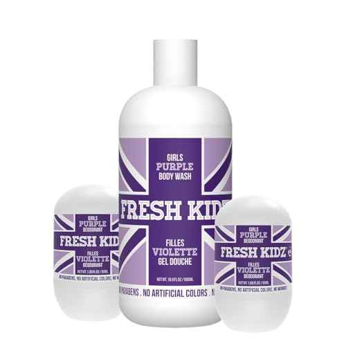 Fresh Kidz Body Wash 16.9 fl.oz. and 2 Roll-On Deodorants 1.86 fl.oz. for Kids and Teens - Girls Purple Set