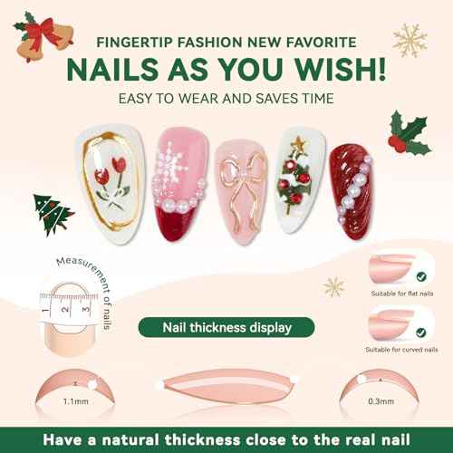 Christmas Press On Nails Medium-Reusable Almond Fake Nails with 3D Bow Pearl Snowflakes Xmas Tree Designs Red French Tips Nails Glitter Winter Xmas Nails Press On for Women Girls,30 Pcs