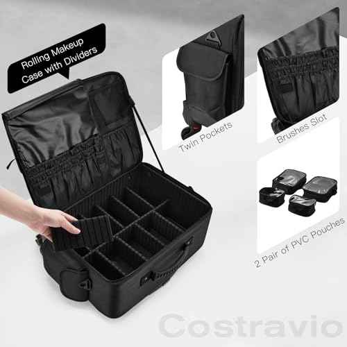 Rolling Makeup Case Cosmetology Case on Wheels Extra Large Cosmetic Artist Bag Portable TravelCase for Hairstylists Nail Tech Traveling Professional Make Up Train Suitcase Carts Trolley, Black