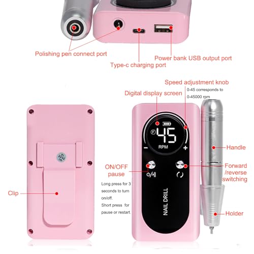 Electric 45000RPM Nail Drill Machine Rechargeable Portable Nail File Electric DIY Nail Drill Kit with Smart LCD Screen for Gel Nail Manicure and Pedicure Reflective Body etc(Dazzle)