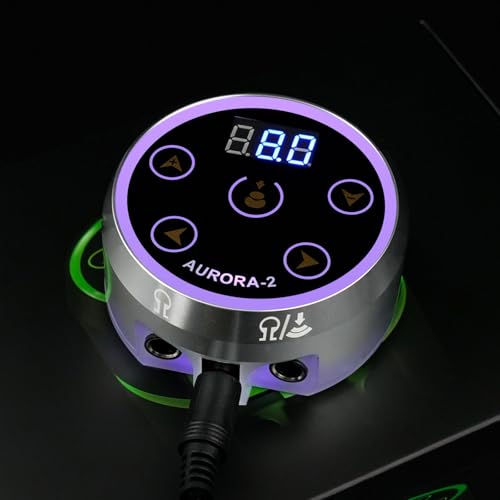Dragoart Aurora 2 Tattoo Power Supply 1.5-16v Professional Tattoo Power Supply Box for Coil & Rotary Tattoo Machine Pen, Dual Outputs/Colorful LEDs/Touchscreen/Magnetic Base/2 Foot Pedal Modes(Silver)