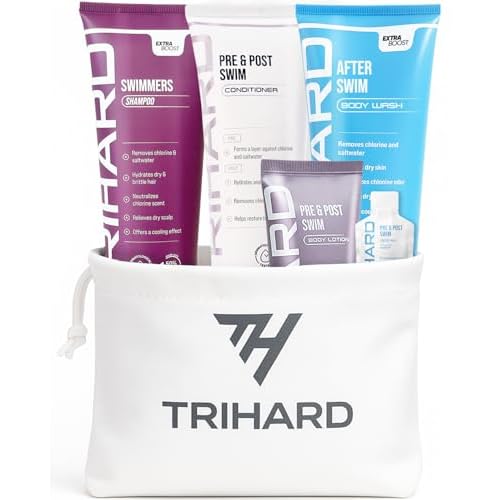 TRIHARD Chlorine Defense Gift Set for Hair & Skin Swim Protection | Pre & Post Swim Shampoo, Conditioner, Body Wash, & Lotion | Summer Essentials to Cleanse & Hydrate Sensitive Skin After Pool & Ocean