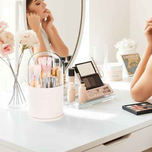 Yieach Rotating Acrylic Makeup Brush Holder with Lid for Vanity,Bathroom,Countertop,Covered Makeup Brushes Organizer,Round Spinning Cosmetic Brushes Holder and Make up Brush Storage with Cover,Pink