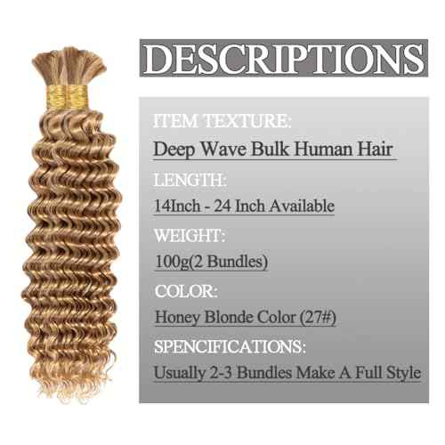 Human Braiding Hair For Braids 24 Inch 100g/2Bundles Deep Wave Bulk Human Hair For Braiding Wet And Wavy Human Hair Extensions For Braids 12A No Weft Bulk Human Hair Honey Blonde
