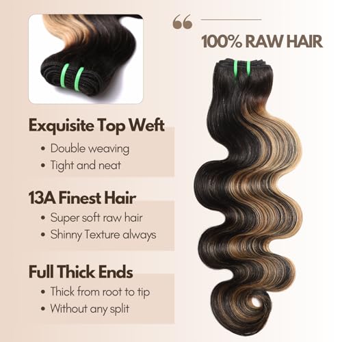 13A Double Drawn FB/27 Human Hair Bundles Body Wave Blonde Highlight Color, Honey Blonde with Black Single Bundle Human Hair 100% Unprocessed Hair Colored Single Bundle Wavy Sew In 10 Inch