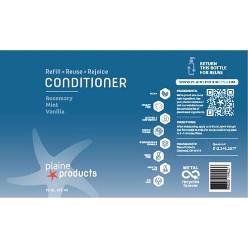 Plaine Products Eco-Friendly Conditioner - Rosemary, Mint, Vanilla - Sulfate Free, 16oz (Refillable Bottle with Pump)