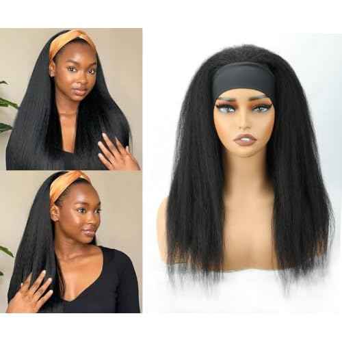 Kinky Straight Headband Wig 24 Inch Human Hair Headband Wigs for Black Women Glueless Yaki Straight Human Hair Headband Wigs Natural Black color