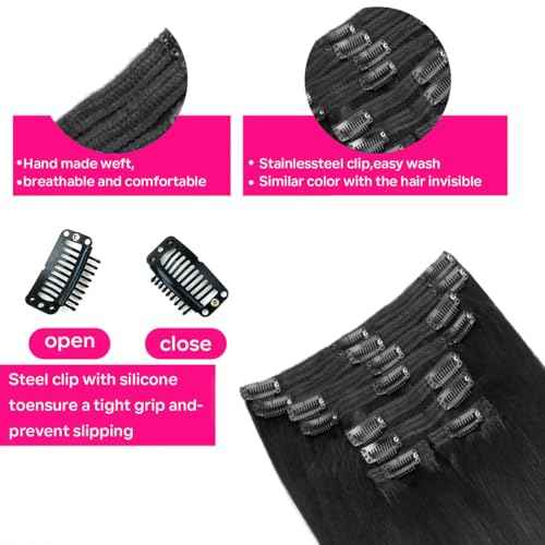 Yaki Straight Clip in Hair Extensions Real Human Hair 8Pcs Remy Human hair Clip ins for Women, Natural Soft Human Hair 120g 20inch #1B Natural Black
