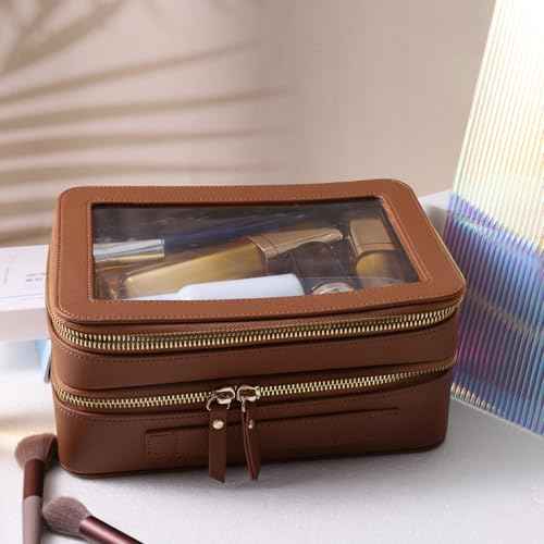 SANHECUN Clear Travel Toiletry bag Toiletry Case Carry on Travel Accessories Bag Makeup Bag Dimensions | LxWxH:9¡± x 6¡± x 4.2¡± (Brown, SHC-TL-2)