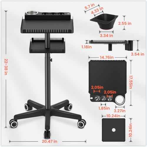 TASALON Professional Hair Extensions Organizer Cart Metal Salon Tray Cart with 2 Magnetic Bowls, Hair Dryer Holder,Adjustable Rolling Base, Black
