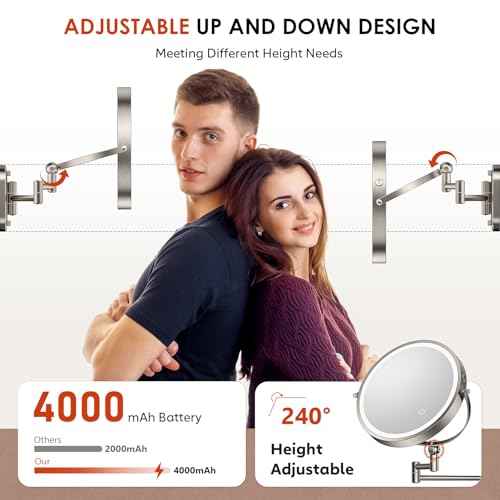 9" Wall Mounted Lighted Makeup Mirror,4000mAh Rechargeable Double Sided 1X/30X Magnifying Mirror with Light,Touch Dimmable,Extended Arm 360 Rotation Wall Mounted Makeup Mirror 3 Color Lights-N