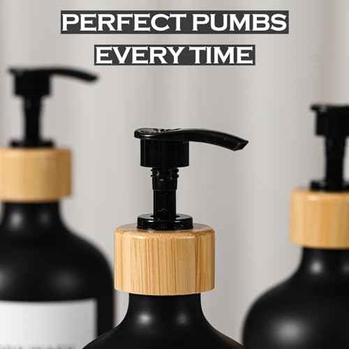 Shampoo and Conditioner Dispenser,16.9 fl oz Set of 3 Black Plastic Refillable Shower Shampoo Dispenser with Bamboo Tray, Reusable Pump Bottles with Labels for Bathroom D?cor (Black+Bamboo Tray)