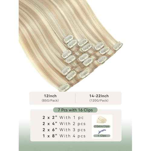 Clip in Hair Extensions Real Human Hair, Blonde Remy Human Hair Extensions Clip ins, Dirty Blonde to Platinum Blonde Clip in Extensions for Women, 18inch 120g 7Pcs, P18/60