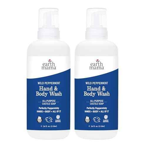 Earth Mama Wild Peppermint Hand & Body Wash | Foaming Hand Soap Refill, Castile Soap Liquid Made with Organic Wild Mint & Peppermint Oil, 34 fl oz (2-Pack)