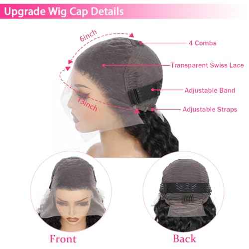 22 Inch 13¡¿6 HD Lace Front Wigs Human Hair Water Wave 200 Density Lace Frontal Wigs Pre Plucked Deep Curly Human Hair Wig for Women Natural Black