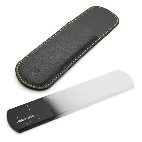 GERMANIKURE Black Glass Nail File & Pedicure Bar Set in Leather Sleeves - Ethically Made in Czech Republic - Professional Manicure & Pedicure Kit for Fingernail Care, Foot Callous & Dry Skin Removal