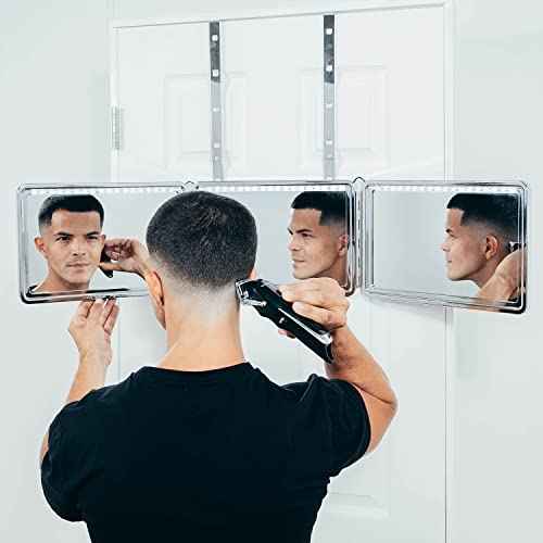 Self-Cut System LED 3 Way Mirror for Self Hair Cutting, Trifold Barber Mirror with Height Adjustable Hooks, 360 View, Includes Free Educational Mobile App (Heaven Lights)