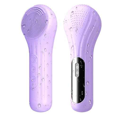 Facial Cleansing Brush, Silicone Face Scrubber with Heat and Vibration 5 Speeds, Waterproof Rechargeable Electric Face Scrub Brush for Men & Women, Deep Cleansing, Exfoliating and Massage (Purple)