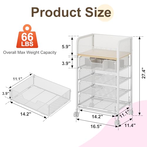 Makeup Cart Organizer with 4 Drawers, Large Floor Skincare Organizers, Vanity Storage Organizer Cosmetics Display Cases for Skin Care Perfume Nail Polish, White (Patent Pending)