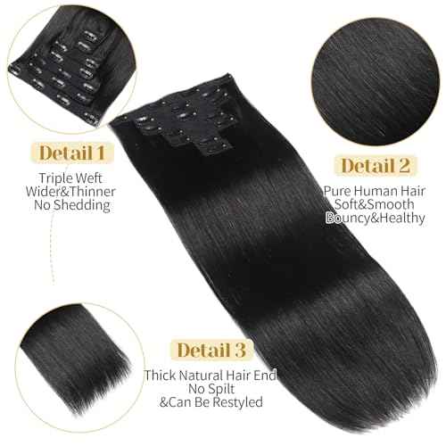 Clip in Hair Extensions Real Human Hair, Natural Black ? 18 Inch 7pcs 70g/Pack, Soft Remy Human Hair Clip in Extensions Straight for Women, Capable for all Occasion (#1B 18 Inch)