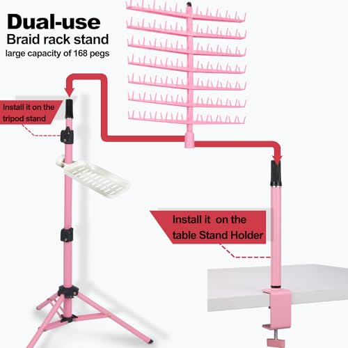 Height Adjustable Braiding Hair Rack 168 pegs, Dual-use Braid rack with Clamp (Pink)
