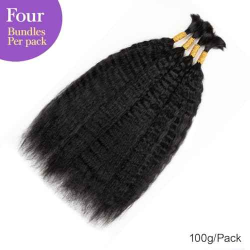 Kinky Straight Human Braiding Hair For Boho Braids Wet and Wavy Bulk Human Hair No Weft 100g (1Pack-4PCS) Yaki Straight For Micro Braiding (Kinky Straight£¨#1B), 22 Inch)