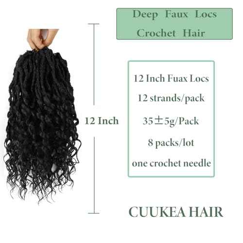 Deep Faux Locs Crochet Hair 12 Inch 8 Packs Goddess Locs Crochet Hair 1B Soft Loc Faux Loc Crochet Braids with Curly Ends Prelooped Deep Wave Croceht Braids for Black Women(Natural Black)