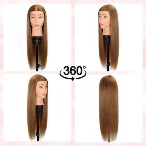 Mannequin Head Human Hair, 80% Real Hair Cosmetology Manikin Head for Practice Braiding Hairstyling Cutting with Free Clamp Holder and Tools (Light Brown)