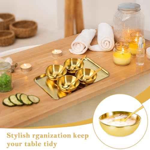 9 Pcs Gold Facial Supplies Large Gold Skincare Tray 4 Stainless Steel Facial Mask Mixing Bowls 4 Esthetician Mixing Spoons Spa Tray Esthetician Bowls for Mask Body Care Bathroom