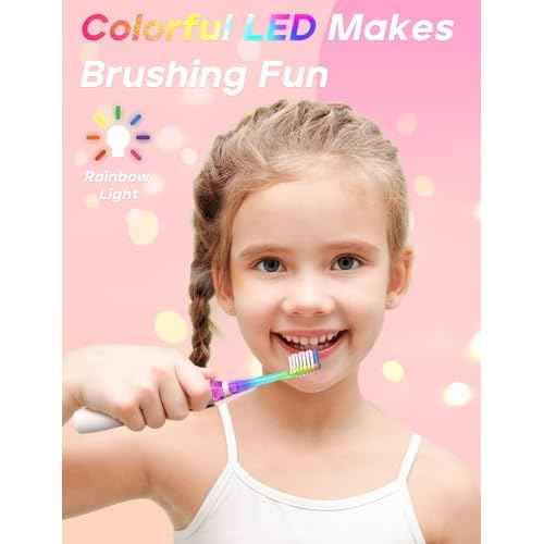 SEAGO Kids Electric Toothbrush with 2 Mins Brushing Timer and 8 Replacement Bursh Heads,Rainbow LED Light Make Brushing Fun, Pink Color Girls Battery Powerd Toothbrush for 4-12 Years Old