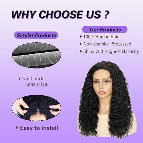 Deep Wave Half Wig Human Hair 200% Density Wear Go Glueless Wigs Human Hair 18 Inch Curly 3 In 1 Half Wigs for Women Drawstring Seamless Flip Headband Wig Beginner Friendly
