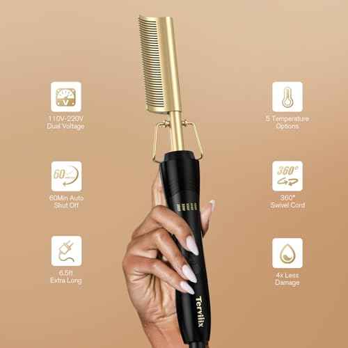 Terviiix Hot Comb for Lace Front Wigs, Curved Teeth Pressing Combs for Black Women Hair, Anti-Scald Straightening Comb, Electric Heat Comb, Temperature Adjustable, 60 Min Auto Shut Off