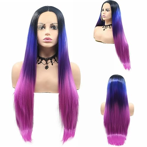 24" Long Straight Black Ombre Purple Synthetic Lace Front Wig for Women Cosplay Party Drag Queen Hairstyle 1B Black to Violet/Rose Red Mermaid Colorful Wedding Wigs Natural Hairline
