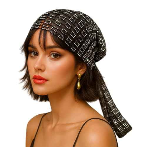 Munyee Hua Square Rhinestone Head Scarf for Women Bling Sparkly Hijab Stretchy Rave Turban Hat Handmade Headband Crystal Mesh Cap Hair Snood Nets Vintage Dress Concert Headpiece Black