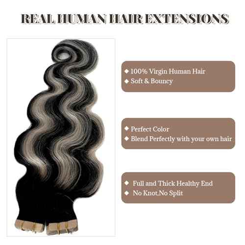 Tape in Hair Extensions Human Hair 26 Inch Body Wave Natural Black Hair Balayage Silver Grey Highlights Hair Extensions Real Human Hair Tape ins for Black Women 20 PCS Double Sided Tape Hair 50G