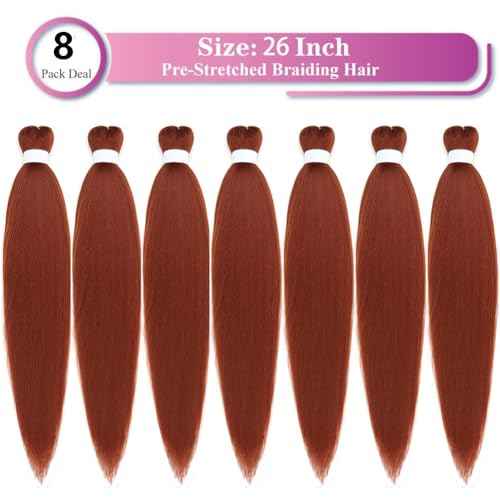 Braiding Hair Pre Stretched Ginger Easy Braids 26 Inches 350 Professional Braids Copper Hot Water Setting Synthetic Braiding Hair for Crochet Extensions (8Pcs,#350)
